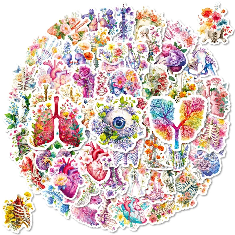 10/30/56PCS Cute Flower Skull Organs PVC Sticky Stickers Aesthetic Colored DIY Phone Laptop Luggage Skateboard Graffiti Decals