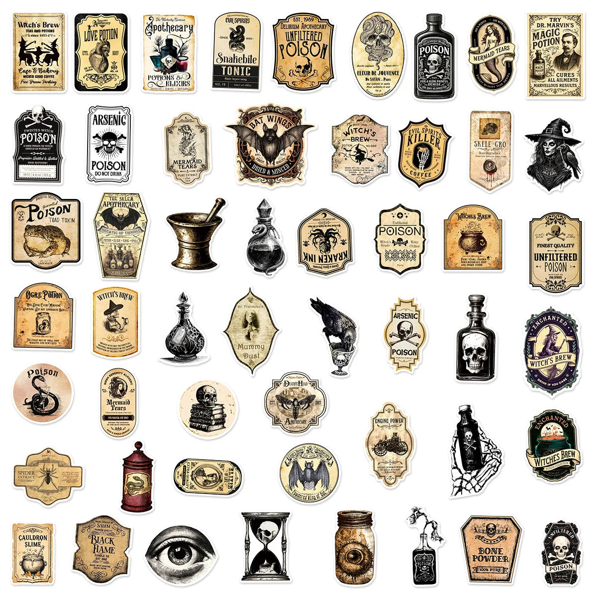 50/100 Pcs Vintage Apothecary Witch Potion Doodle Stickers for Scooter Notebook Suitcase Decals DIY Game Reward Decals