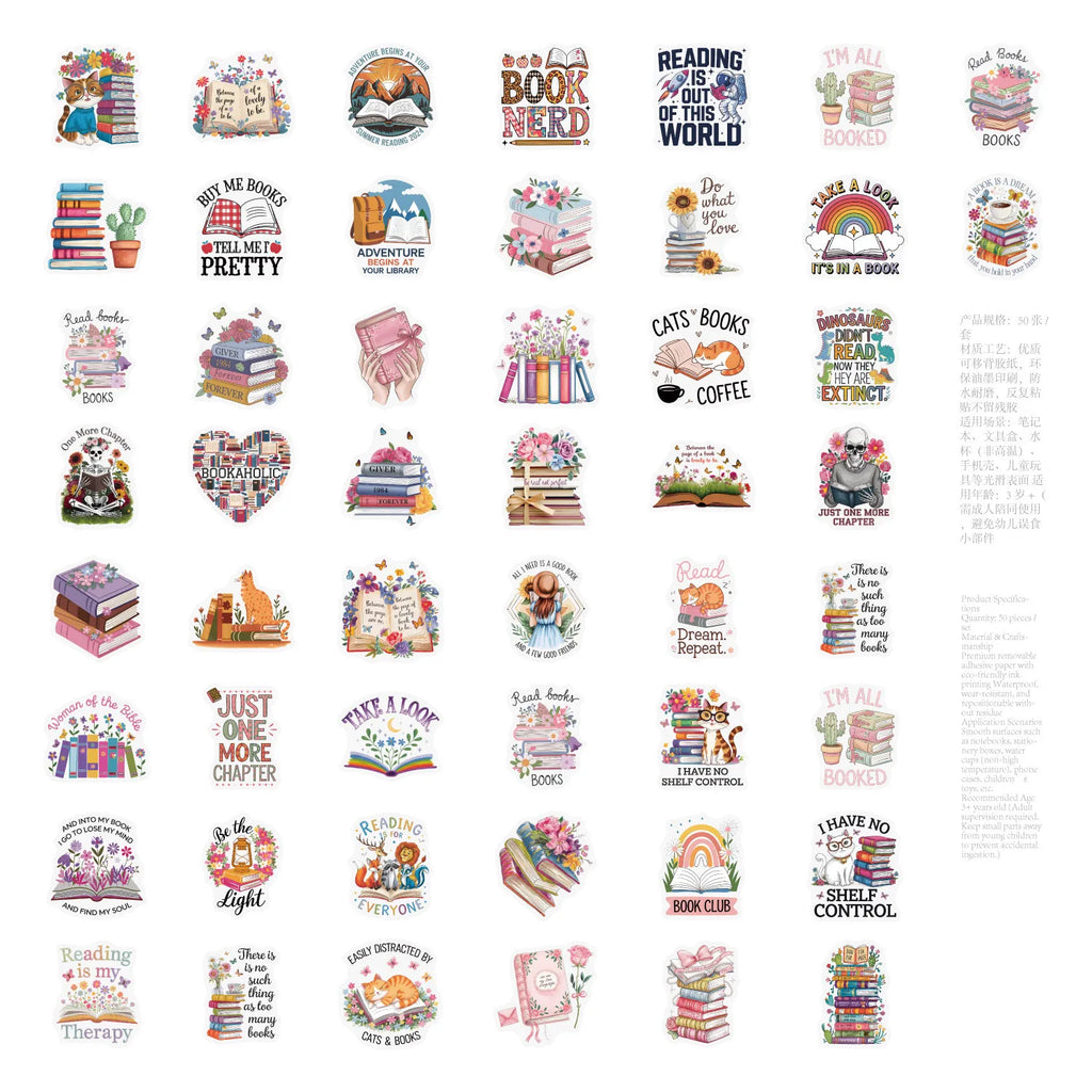 50/100 Pcs INS Style Cartoon Books Fresh Doodle Stickers for Cup Phone Notebook Guitar Bookshelf Stationery Box Bicycle Decals