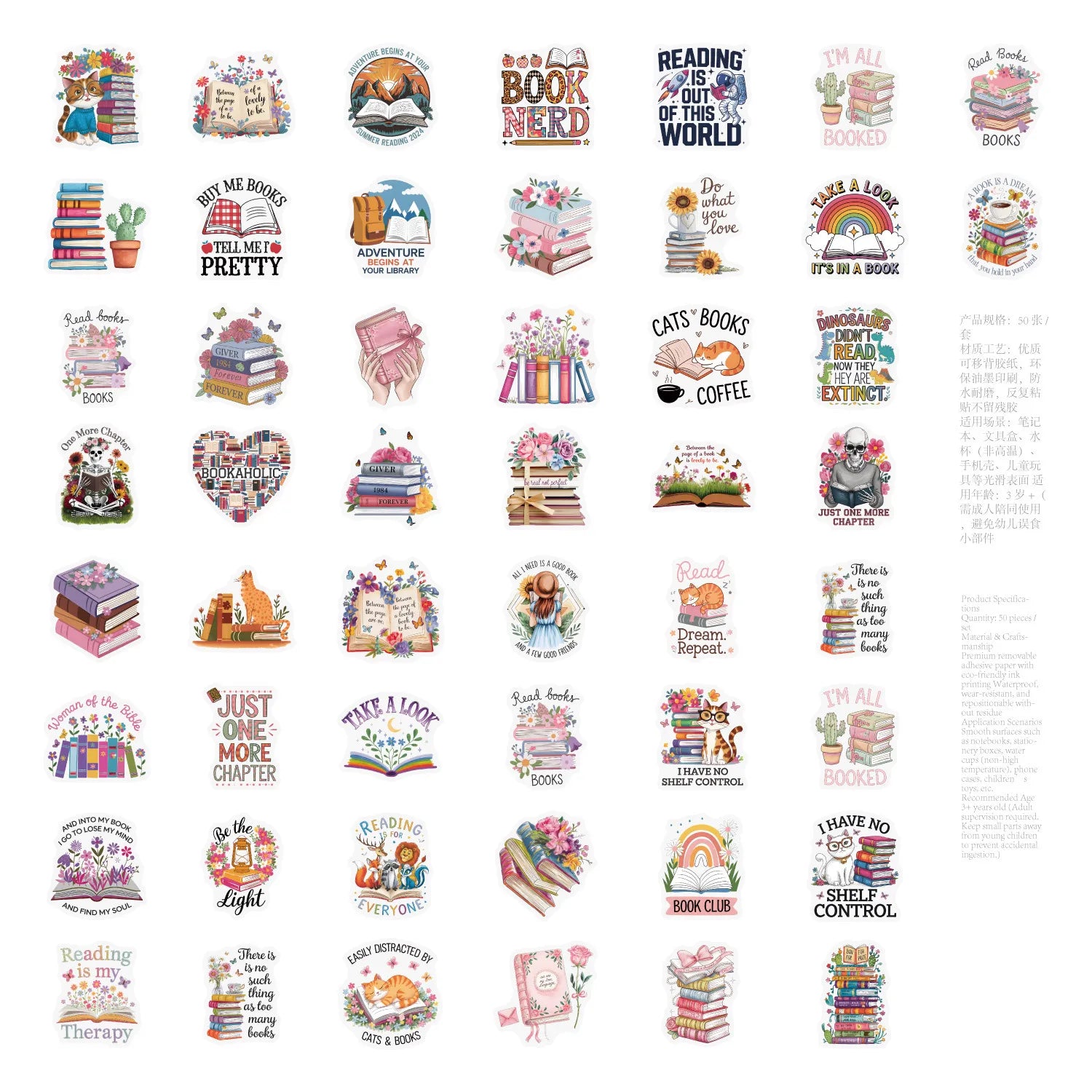 50/100 Pcs INS Style Cartoon Books Fresh Doodle Stickers for Cup Phone Notebook Guitar Bookshelf Stationery Box Bicycle Decals