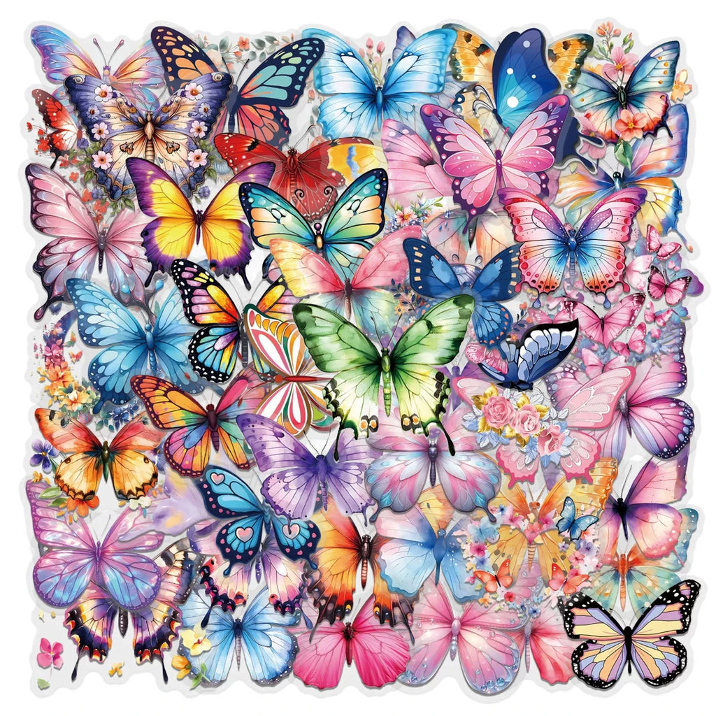 Variety 60PCS Waterproof Transparent PET Butterfly Flower Shell Cartoon Graffiti Stickers DIY Decor Guitar Notebook Stationery