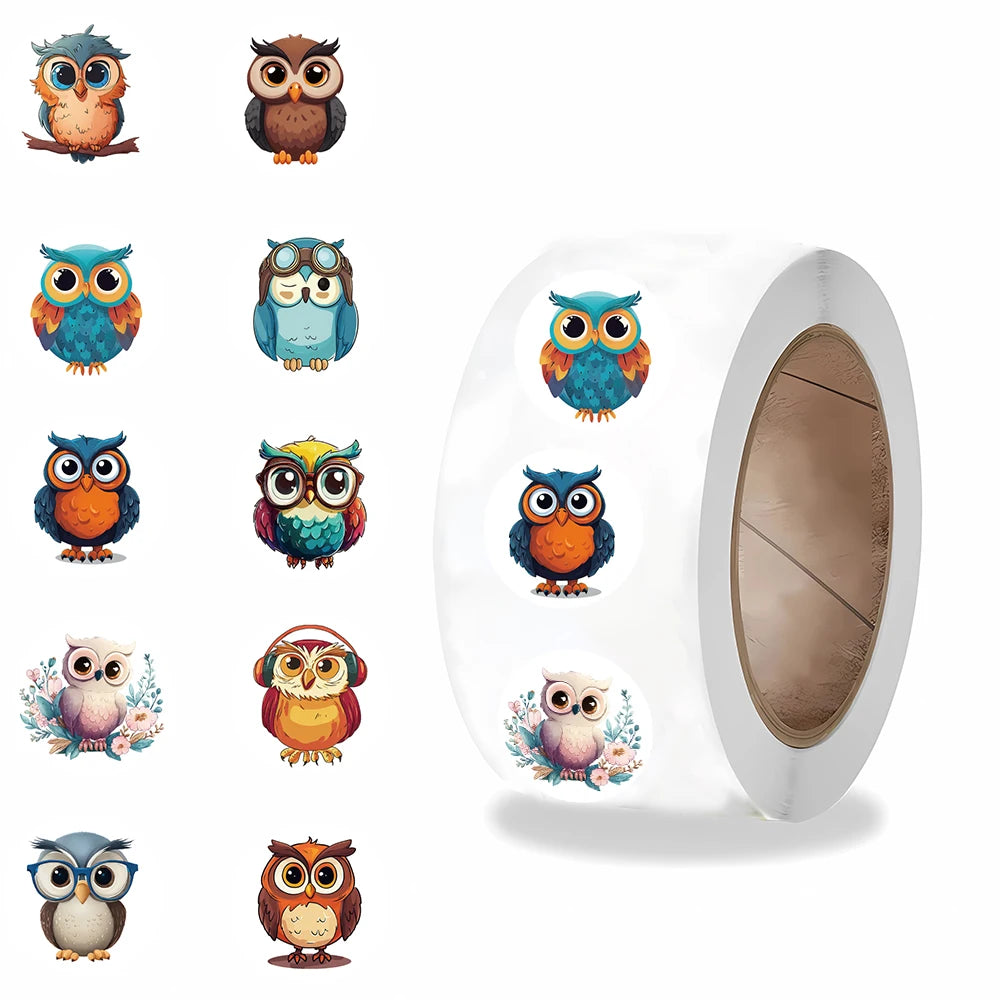 500Pcs/roll Kawaii Cartoon Owl Sticker Creativity Notebook Aesthetic Cute Bird Luggage Motorcycle Notebook Laptop Stickers