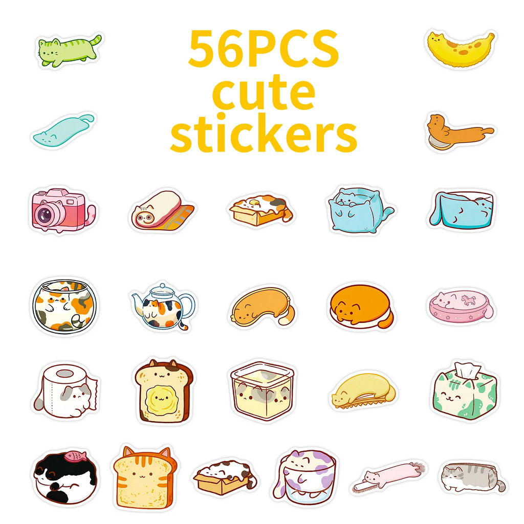 56PCS Cute Cat Bread Doodle Stickers Student Stationery Notebook Diary Office Supplies Storage Box Guitar Waterproof Stickers