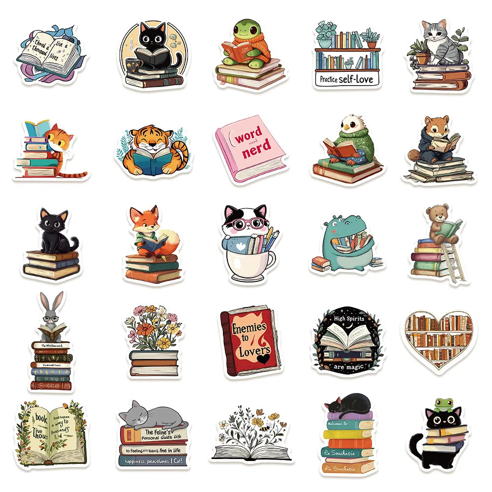 50/100PCS Animal Reading Animal Bookish Stickers Luggage Computer Phone Helmet Waterproof Stationery Stickers
