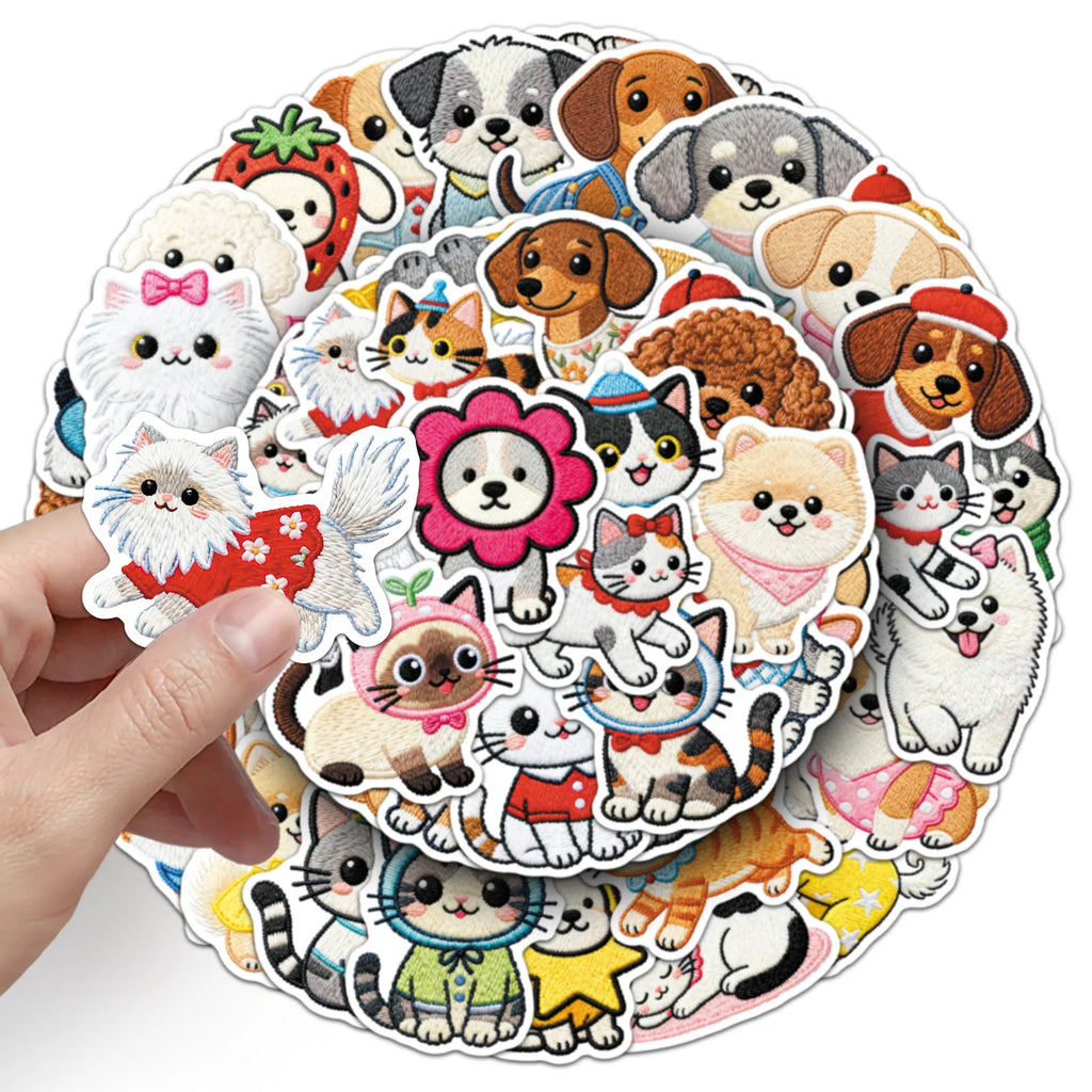 56Pcs Embroidered Style Cartoon Cat & Dog Doodle Stickers, Kawaii Pet Decals for Stationery Notebook Cup Phone Fridge Decor