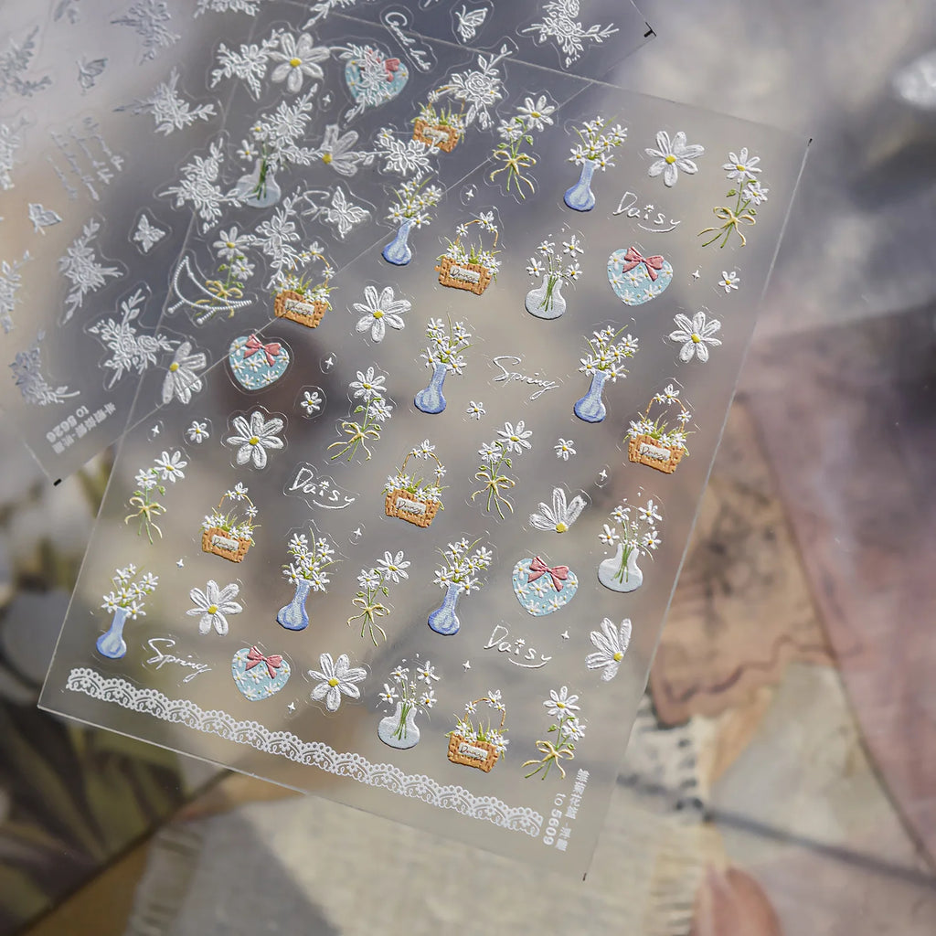 Spring Flowers Nail Charms Stickers 5D Semi-transparent Rose Daisy Flowers Self Adhesive Manicure Decorations Sticker Decals DIY