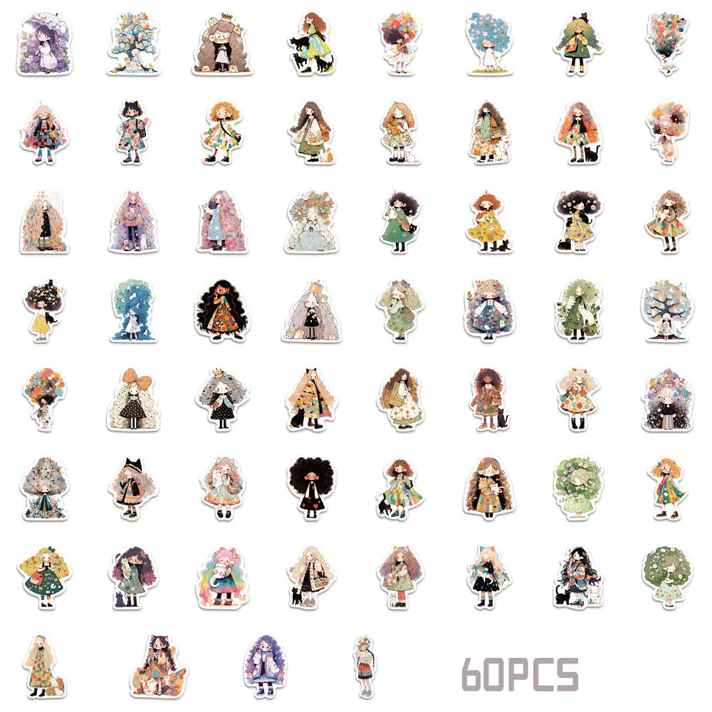 60PCS Graffiti Cute Girl Stickers DIY Decoration Tablet Computer Water Cup Skateboard Decoration Stickers