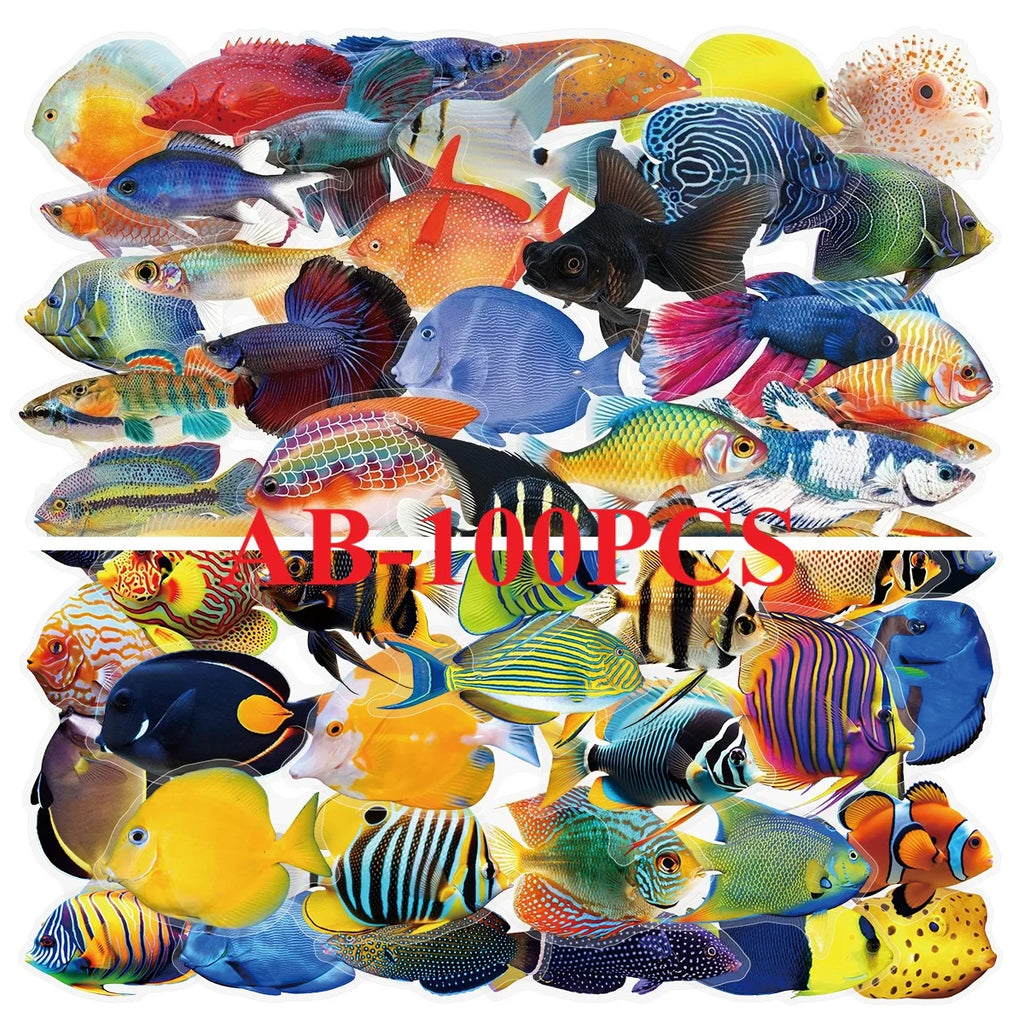 50-100PCS Transparent PET Marine Fish Stickers Luggage Water Cups Fish Tank Water Cups Notebook Decorative Stickers