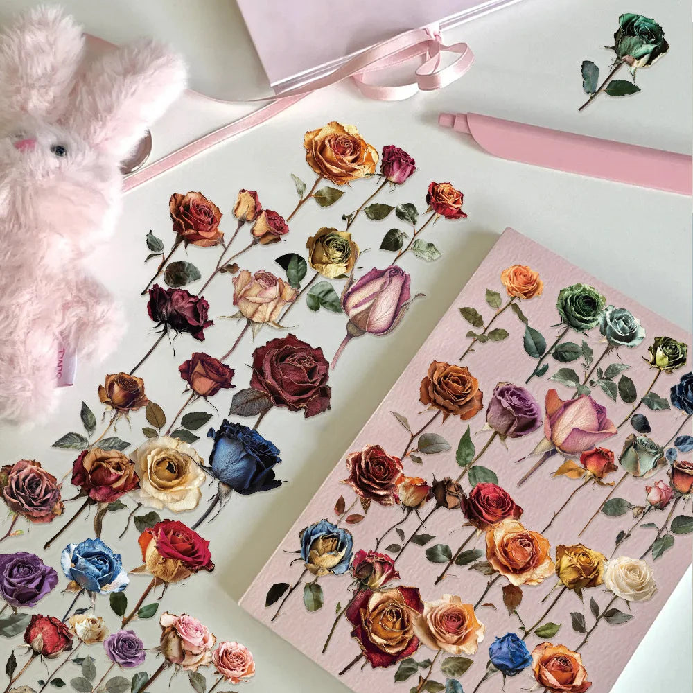 10/30/50 PcsTransparent PET Dried Rose Stickers Handbooks Luggage Decoration Stickers Phone DIY Decoration Stationary Notebook