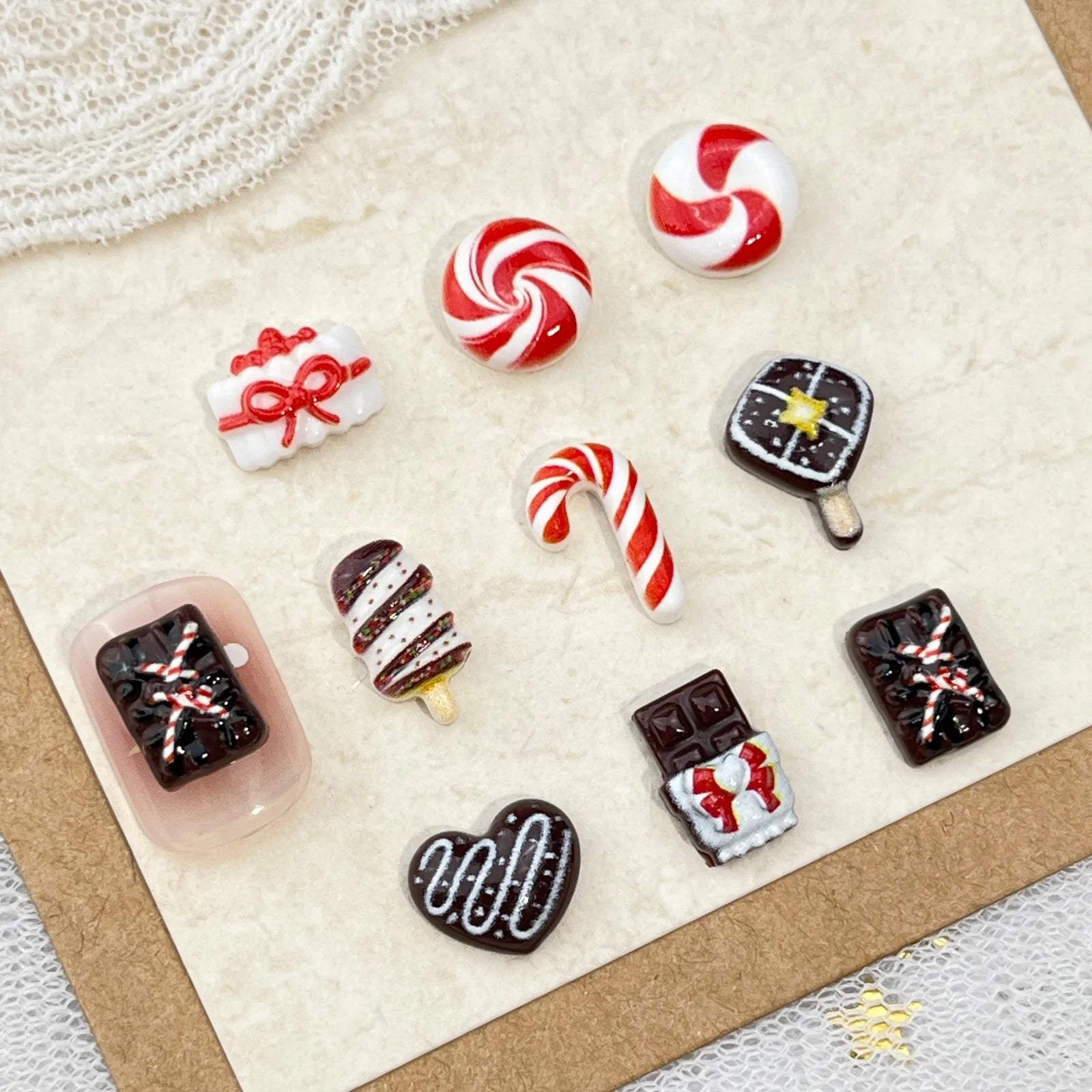 10pc Christmas Chocolate Candy Nail Charms Cute Simulation Series Food Play Cake Nails Accessories DIY Rhiestones Nails Decorati