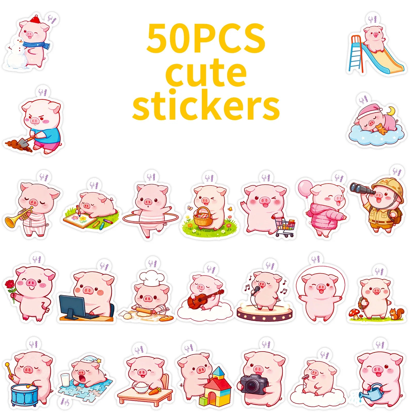 50/100PCS Cartoon Cute Pink Pig Pig Small Handle Decoration Graffiti Waterproof Stationery Notebook Stickers