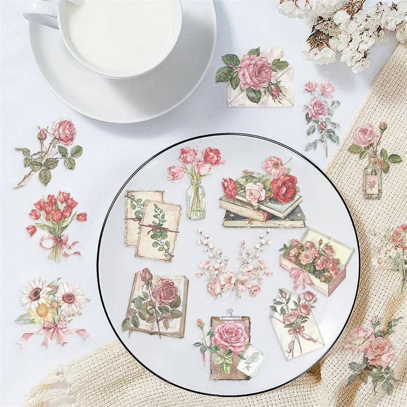 50PCS Vintage Rose Letter PET Sticky Sticker Aesthetic Korean Stationery DIY Decoration Scrapbooking School Supplies for Kids