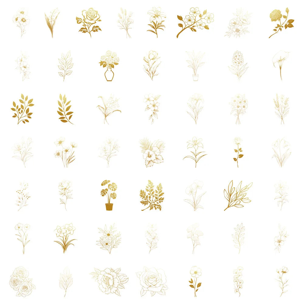 50PCS Golden Plant Series Decorative Fun PET Stickers Decorative Materials DIY Waterproof Tablet Computer Toy Stickers