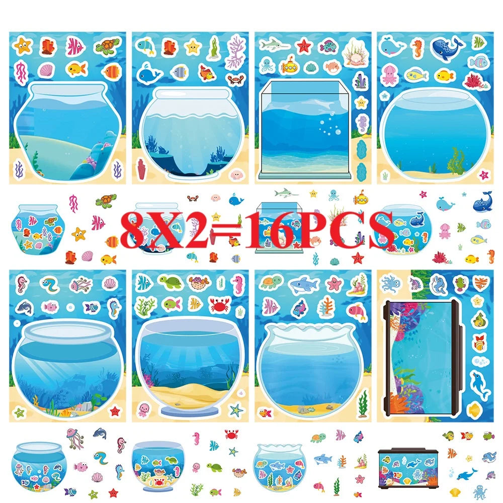 16PCS Fishbowl Marine Animal Children's Reward Stationery Notebook Cartoon DIY Make a Face Stickers Game Handicraft Stickers
