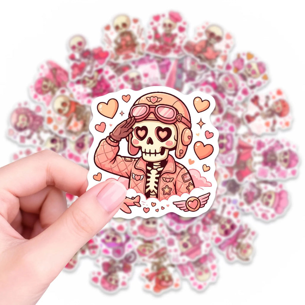50/100 Pcs Pink Valentine Fun Skull Stickers Funny Heart Skeleton Waterproof DIY for Cup Phone Laptop Diary Helmet Decals