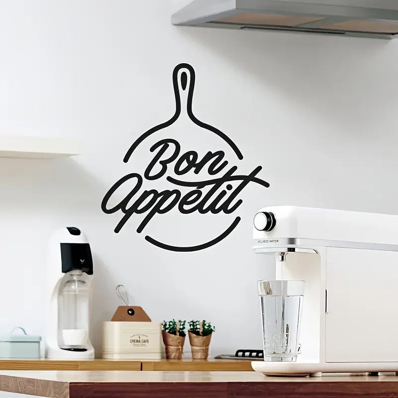 Bon Appétit" Elegant Black Vinyl Wall Decal - Removable, Self-Adhesive Kitchen Quote Art Sticker with Chef'S Hat & Whisk Design,