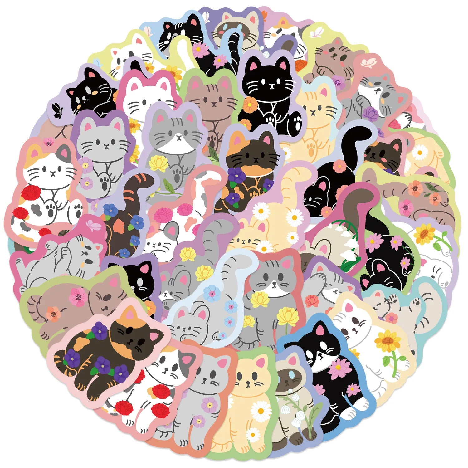 50/100PCS Colorful Edge Flower Cat Cartoon Image Graffiti Stickers Trolley Box Diary Waterproof Stationery Decorative Sticke
