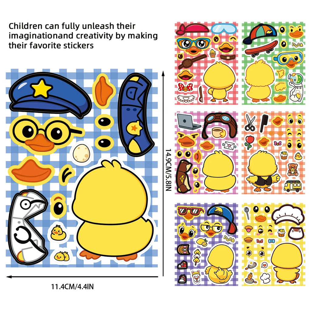 8/16/24Pcs Cute Duck Make A Face Puzzle Stickers, Kids DIY Waterproof Decals for Notebook Laptop Guitar Suitcase