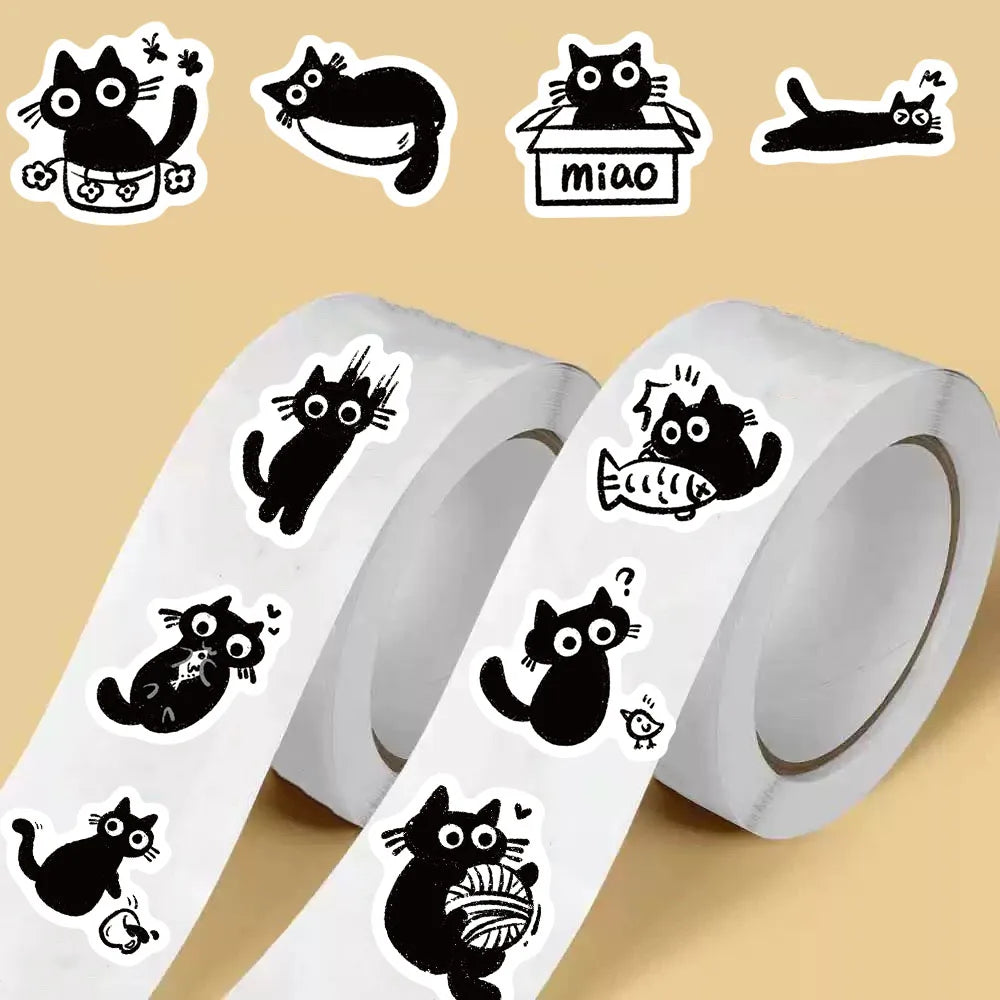 500PCS Little Black Cat Roll Stickers Harajuku Scrapbooking Luggage Cool Phone Coffee Laptop Gift For Waterproof Guitar Sticker