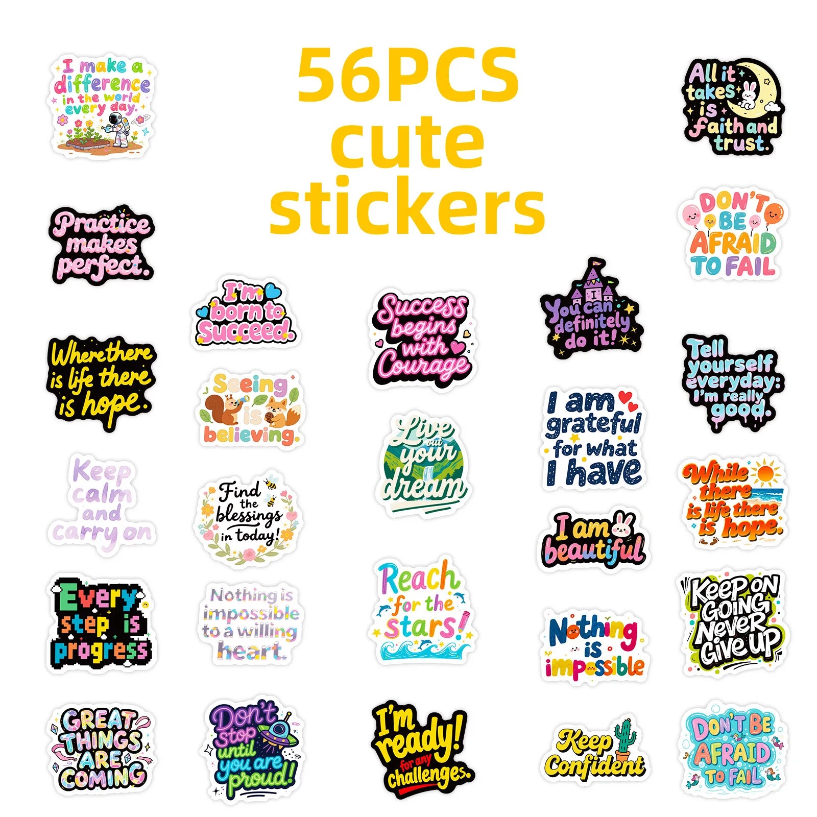 56PCS Colorful English Quote Doodle Stickers, Positive Short Phrases Student Notebook Fridge Decor Art Sticker