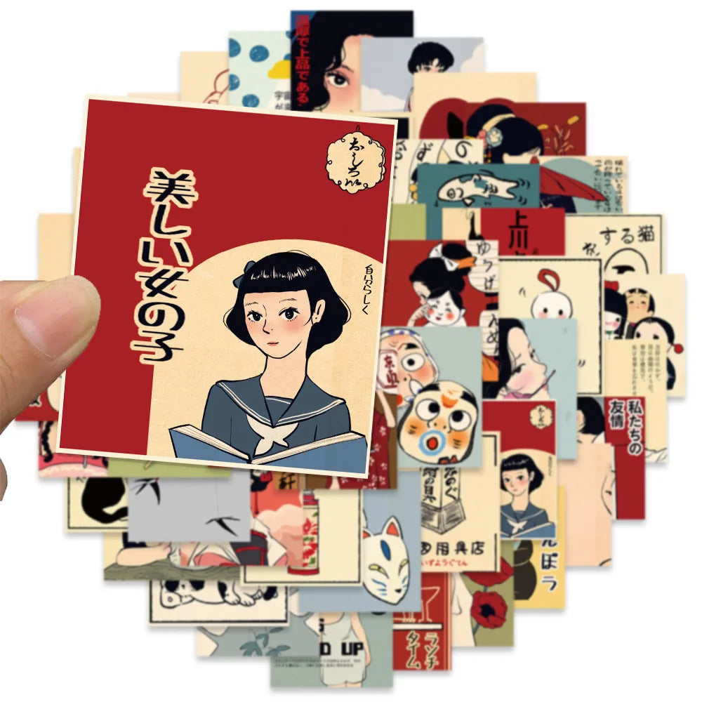 50PCS Retro Cartoon Japanese Culture Aesthetics Stickers DIY Manual Scrap Book Laptop Luggage Waterproof Graffiti Stickers