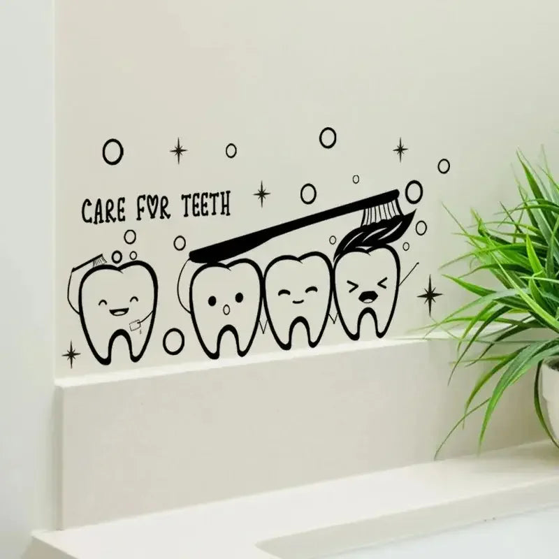 Care for Teeth Cartoon Tooth Vinyl Wall Decal - Waterproof Self-Adhesive Bathroom & Kids Room Decor, Educational Dental Hygiene
