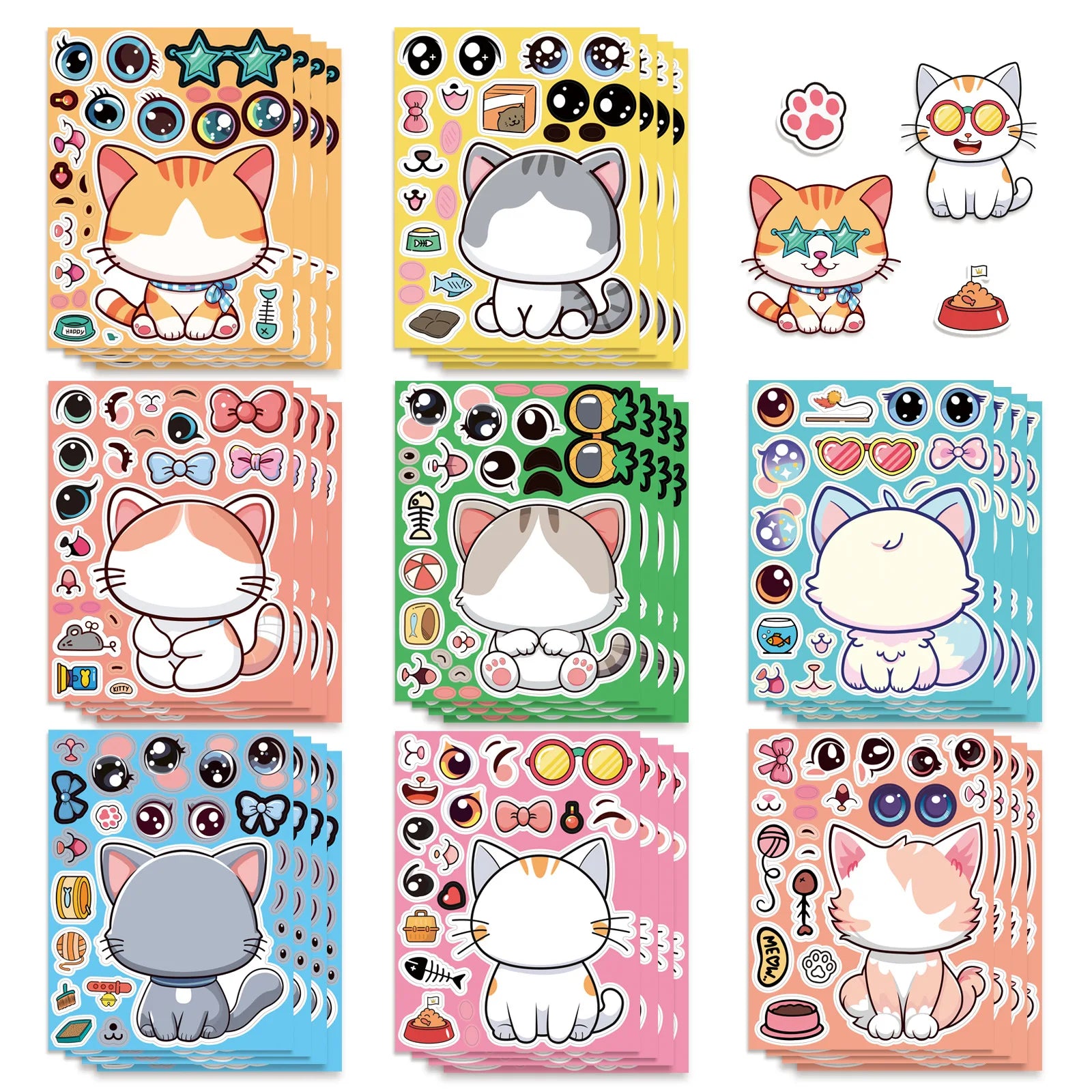 16/24PCS Cute Cat Face Changing Stationery Notebook Reward Stickers DIY Puzzle Make a Face Cartoon Stickers