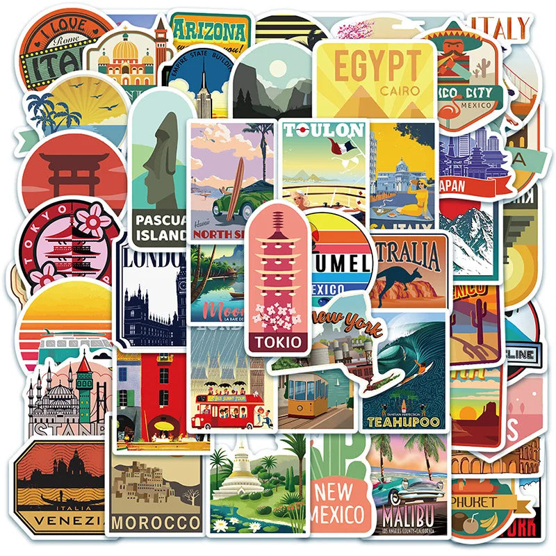50PCS New Global Travel City Landscape Stickers Decal DIY Phone Laptop Guitar Stationery Scrapbook Skateboard Toy Sticker