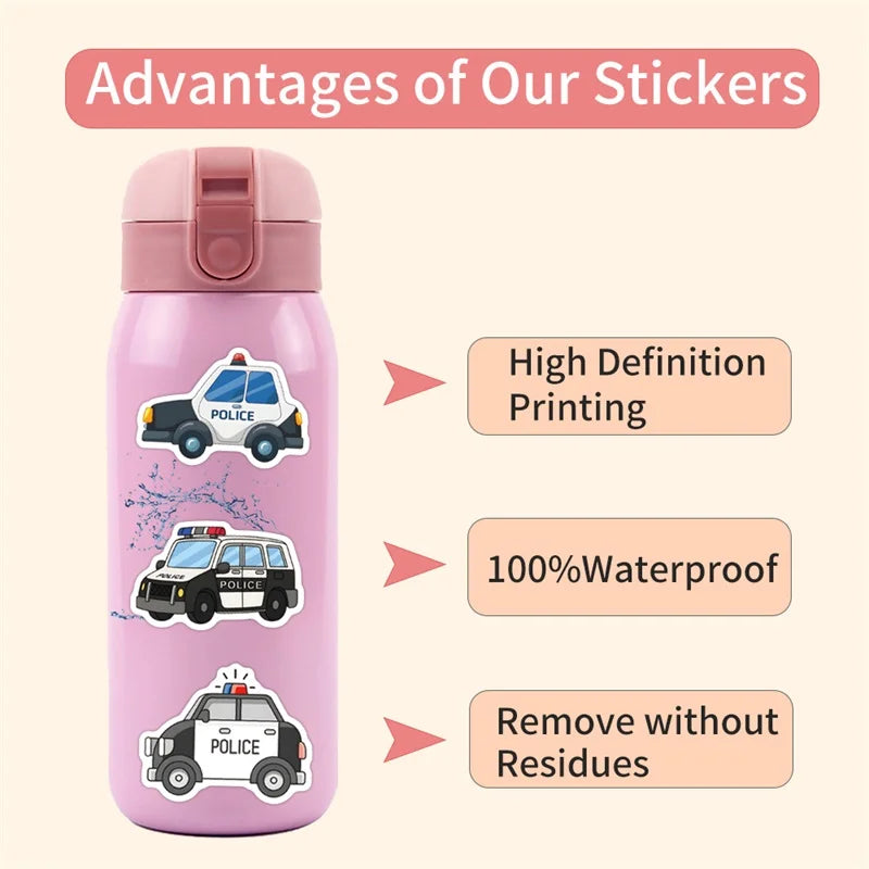 10/30/60PCS Kawaii Police Car PVC Sticky Stickers Aesthetic DIY Colored Phone Laptop Luggage Skateboard Graffiti Decals