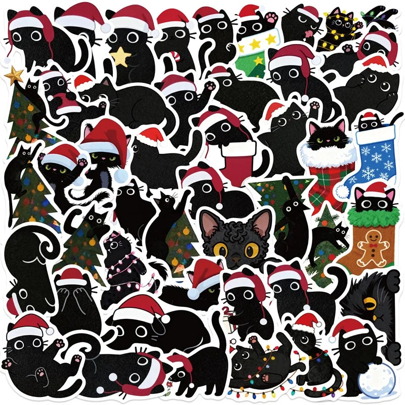 10/30/50PCS Kawaii Christmas Black Cat PVC Sticky Sticker Aesthetic DIY Children's Decoration Scrapbooking School Supplies