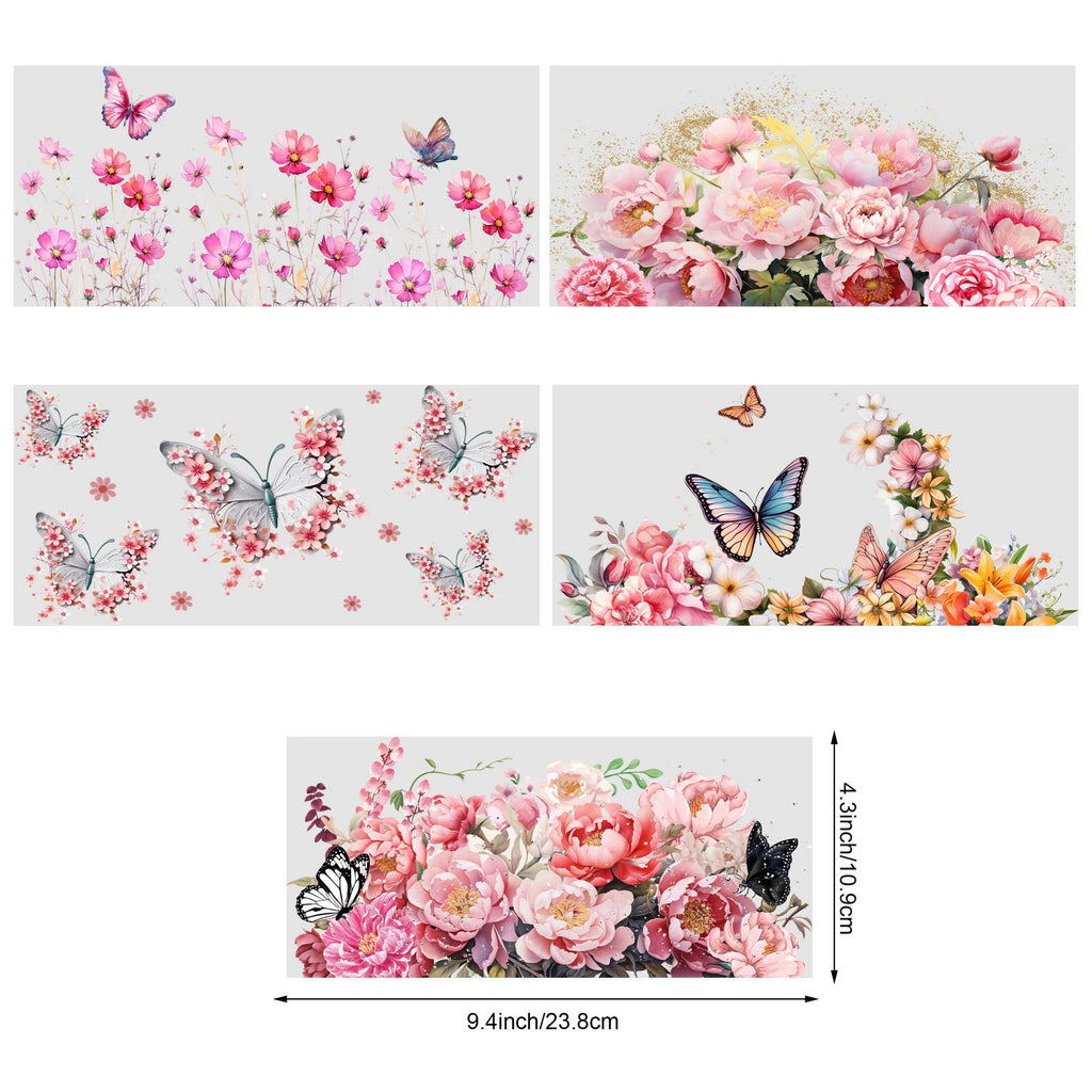 5 Sheets Plant UV DTF Cup Stickers, DTF Friction Transfer Stickers, Waterproof Flower Transfer Stickers for 16oz Glass Cups