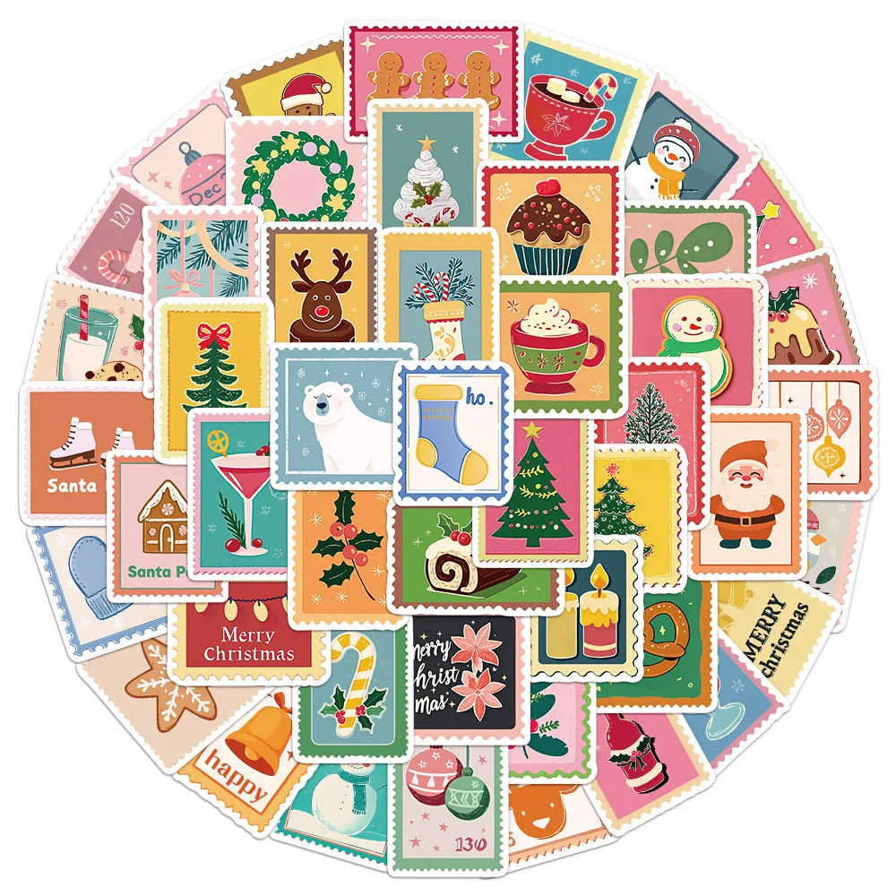 50PCS Christmas Stamp Tags Decorative Stickers DIY Scrapbook Phone Case Laptop Tablet Toy Decorative Stickers