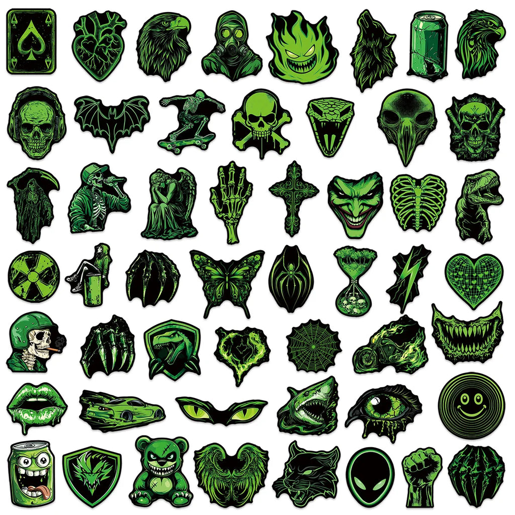 50/100Pcs Cool Green Personality Doodle Stickers, Kids Stationery Decals Notebook Helmet Skateboard Suitcase Waterproof Decals