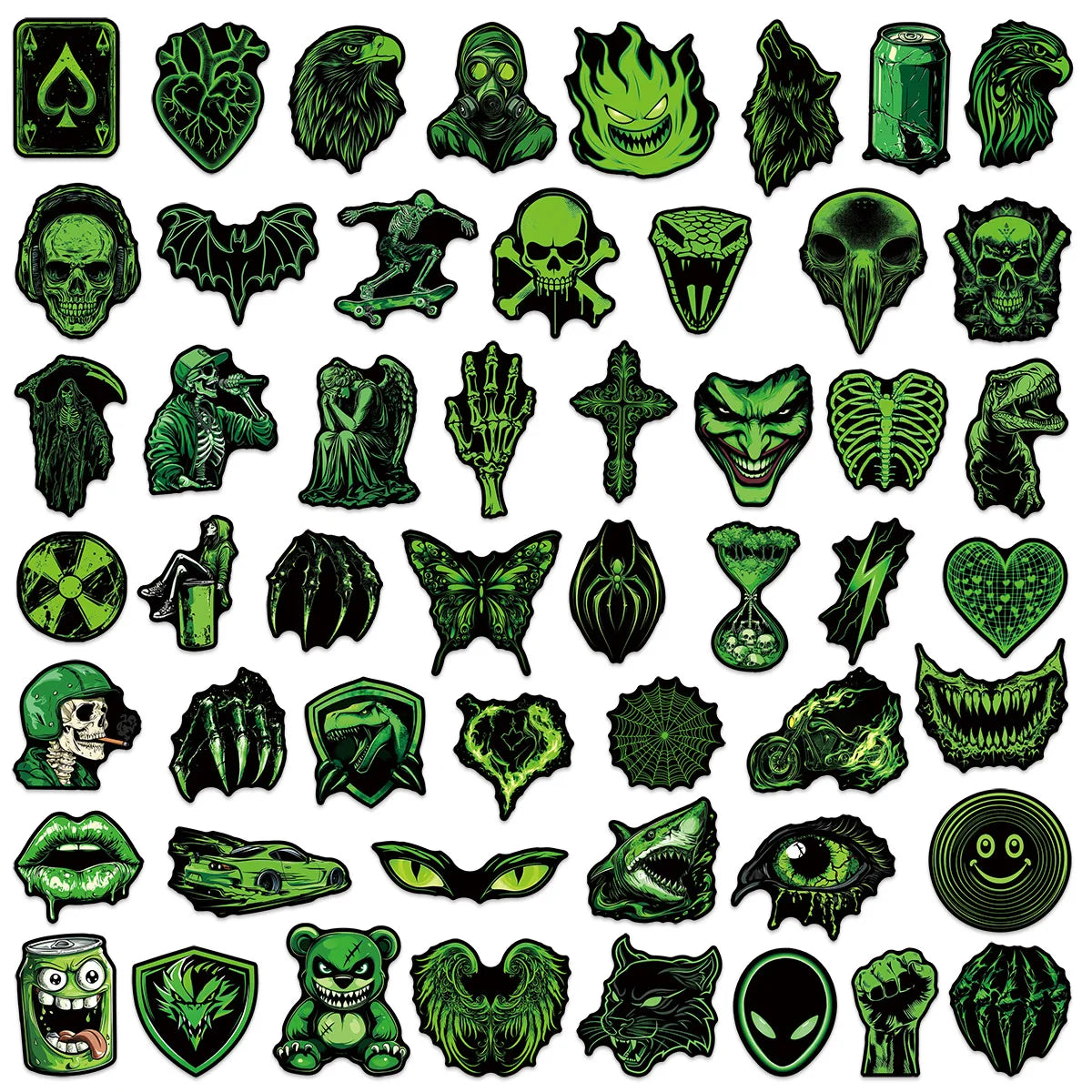 50/100Pcs Cool Green Personality Doodle Stickers, Kids Stationery Decals Notebook Helmet Skateboard Suitcase Waterproof Decals