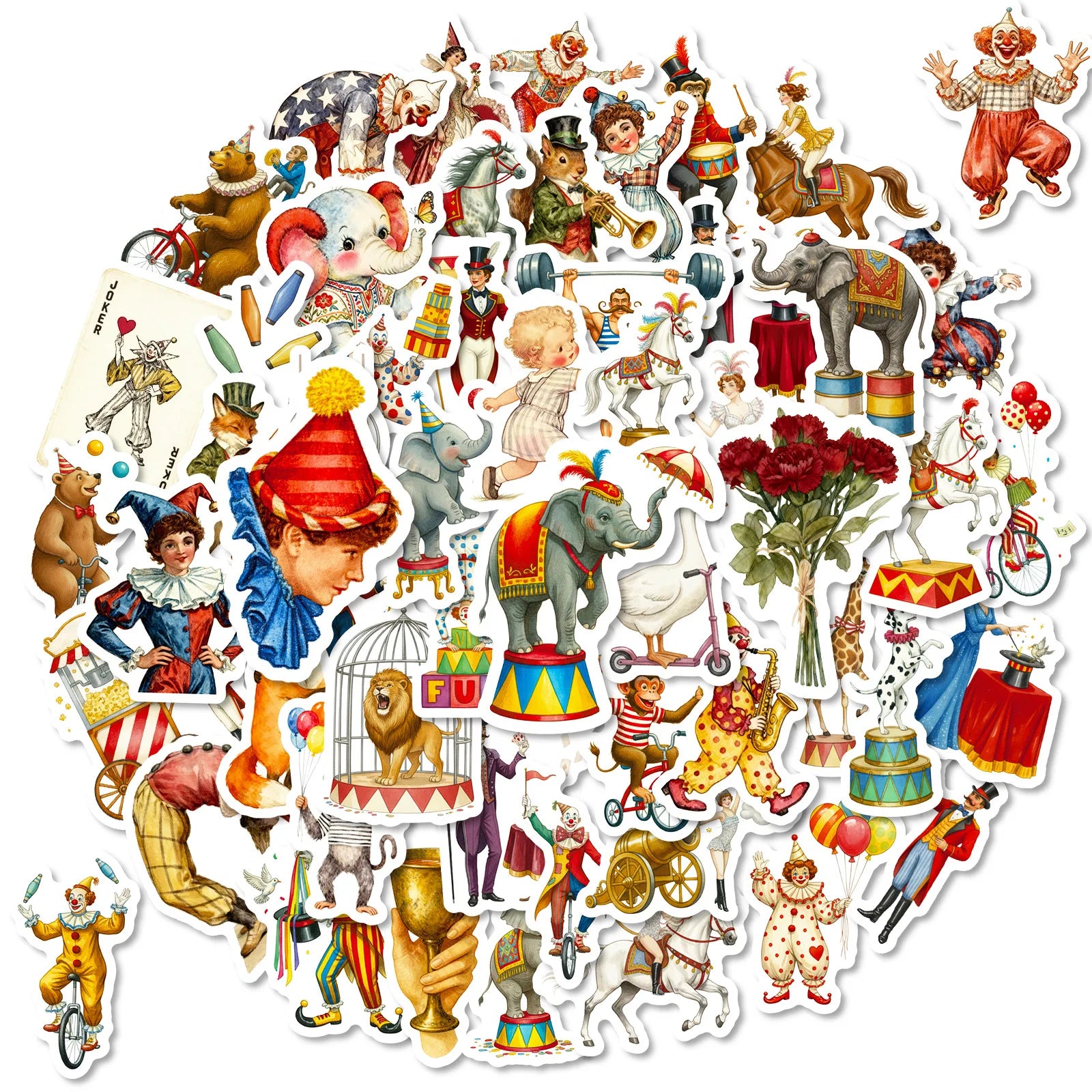 56PCS Circus Clown Animal Vintage Cartoon Stickers, Notebook Phone Suitcase Kids Stationery Creative Waterproof Stickers