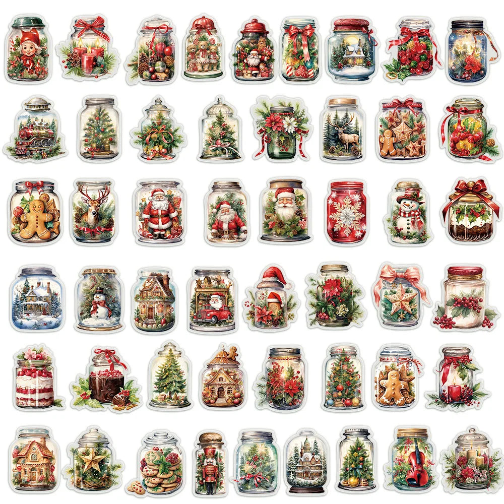 50PCS Transparent Cartoon Christmas Bottle Gift Decorative Stickers DIY Handmade Album Fixed Phone Laptop Sticker Toys