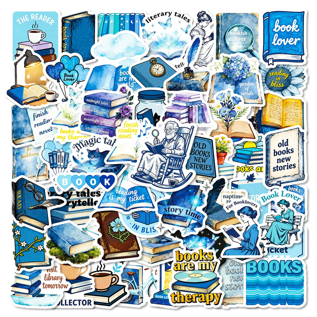 56PCS Bookshelf Therapy Doodle Stickers, Blue Reading Theme Student Stationery Notebook Suitcase DIY Decorative Art Sticker