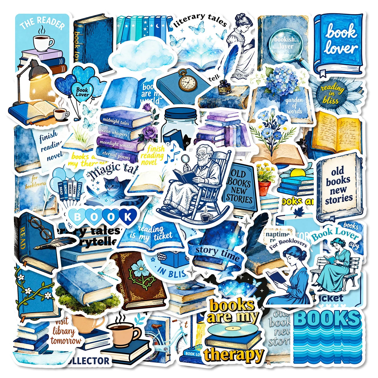 56PCS Bookshelf Therapy Doodle Stickers, Blue Reading Theme Student Stationery Notebook Suitcase DIY Decorative Art Sticker