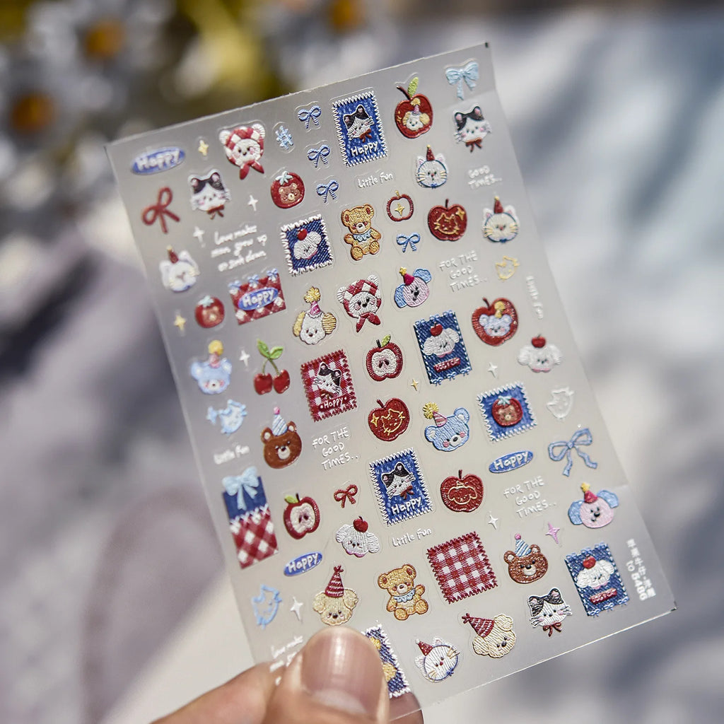 Cute Graffiti Nails Sticker 3D Simple Cat Claw Rabbit Bear Dog Flower Lovely Animal Fruit Adhesive 5D Embossed Nail Art Stickers