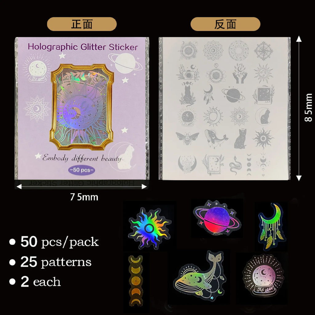 50PCS Holographic Laser Stickers Transparent Retro DIY Decoration Sparkling Creative Handmade Stationery PET Sticker Pack