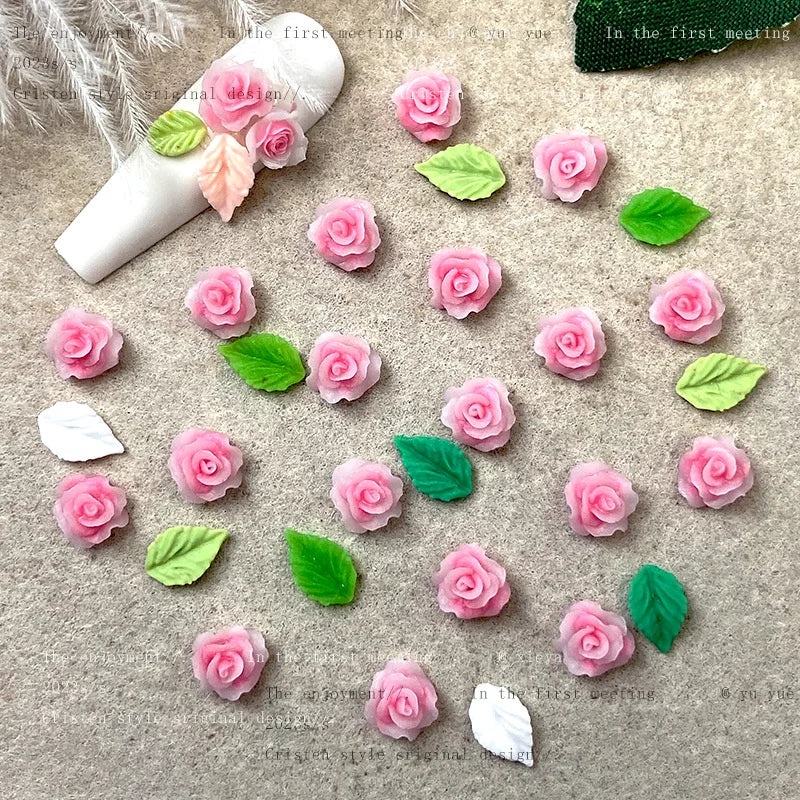 Peach-pink Flower Nail Art Accessories Luminous Camellia Red Leafs Resin Nail Charms Jewelry DIY Mixed Size Nails 3D Decorations