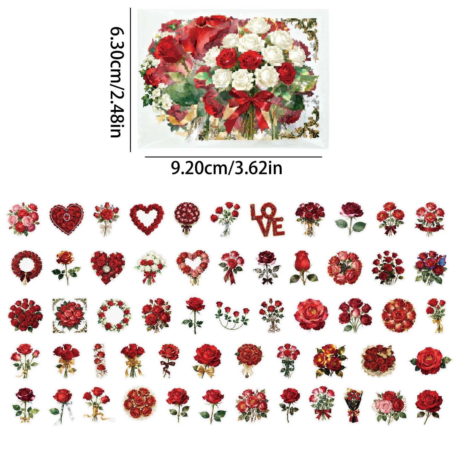 56Pcs Pack Red Rose Doodle Stickers Flower Aesthetic Decals for Stationery Notebook Fridge Guitar Gift Box Luggage Decor