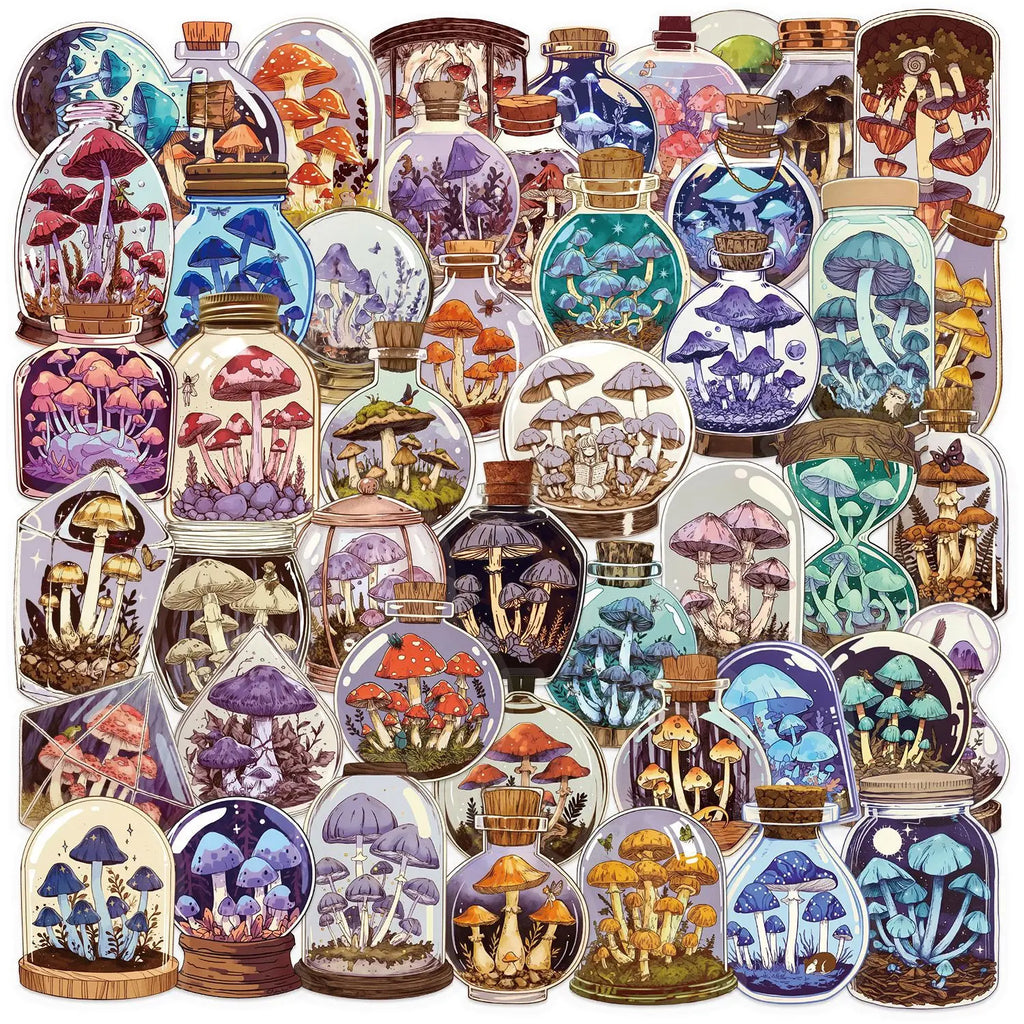 50/100PCS Transparent PET Cartoon Retro Mushroom Bottle Sticker Pack Waterproof Decorative Guitar Notebook Stickers