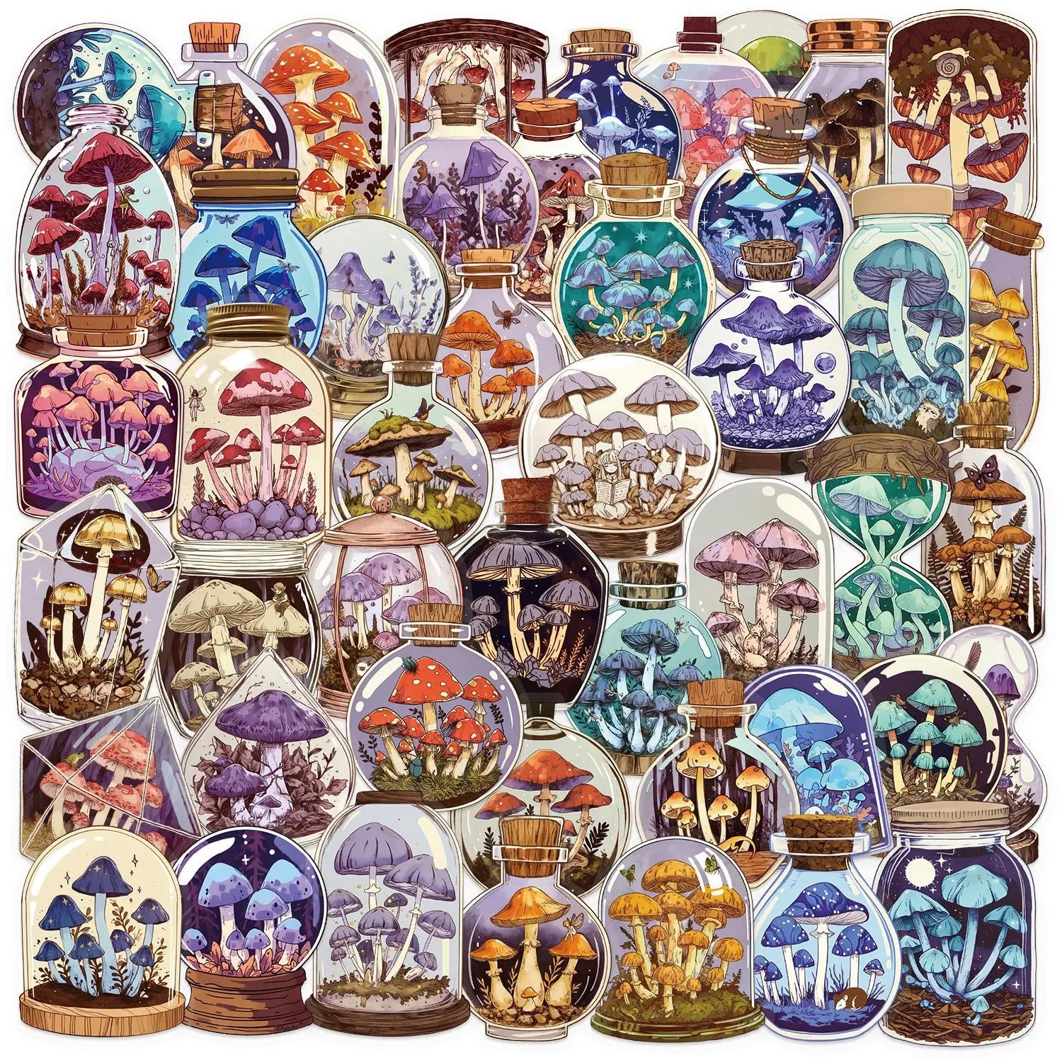 50/100PCS Transparent PET Cartoon Retro Mushroom Bottle Sticker Pack Waterproof Decorative Guitar Notebook Stickers