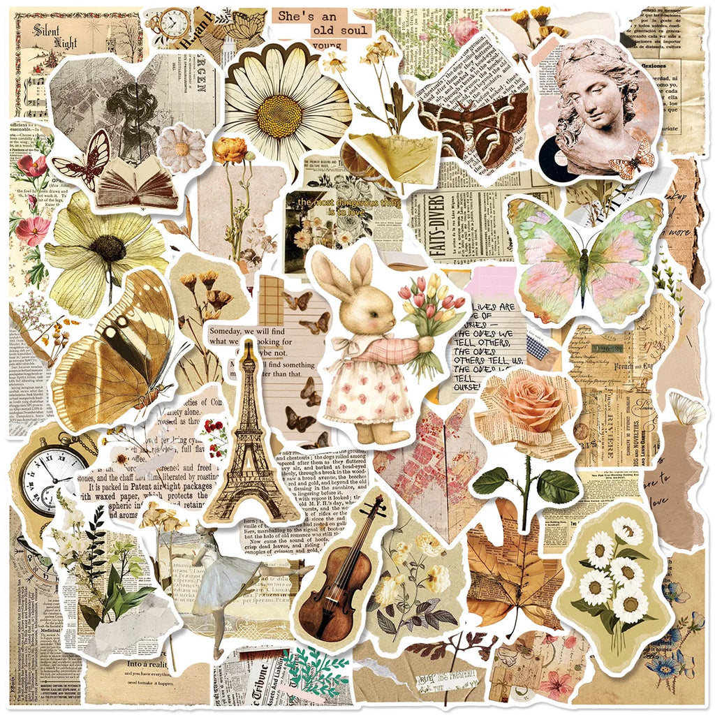 50/100 Pcs Vintage Book Aesthetic Element Stickers DIY for Helmet Guitar Skate Cup Stationery Box Diary Desk File Holder Decals