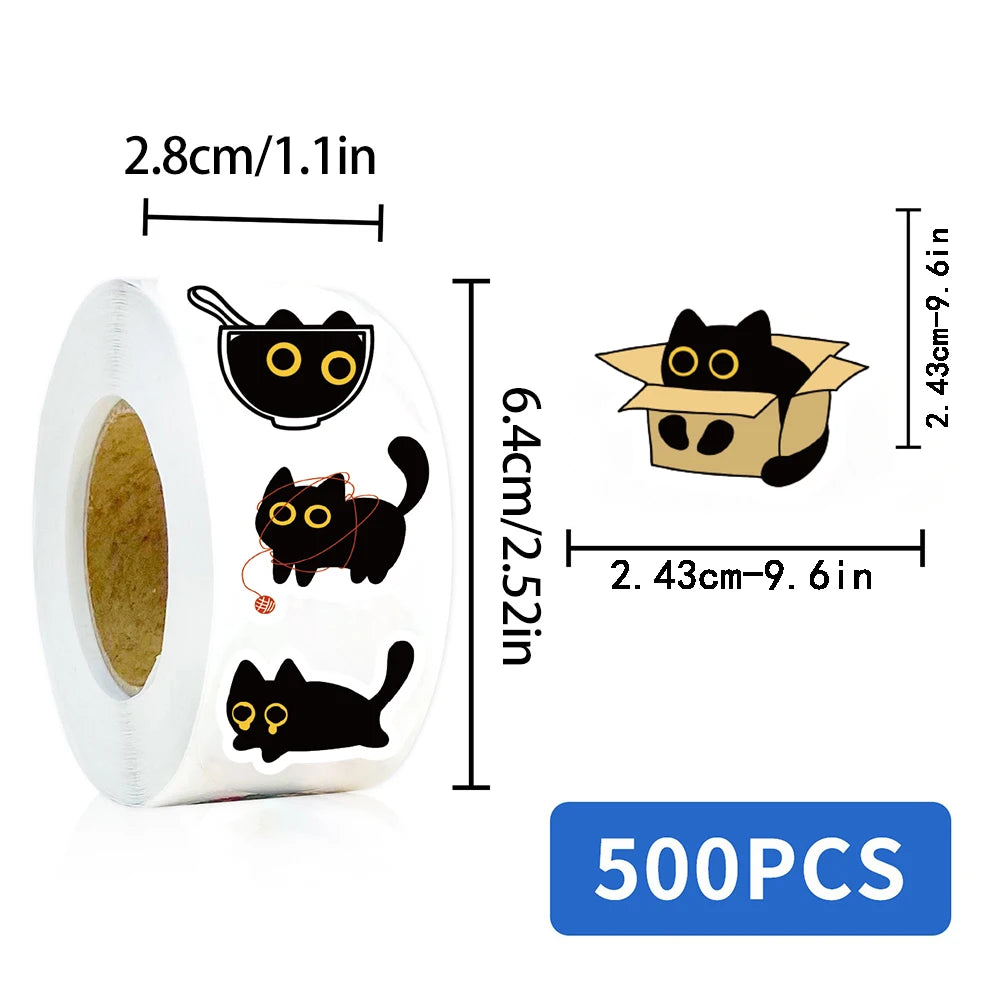 500PCS Black Cat  Roll Stickers Luggage Collage Community Phone Coffee Laptop Gift For Waterproof Art Home Decoration Sticker