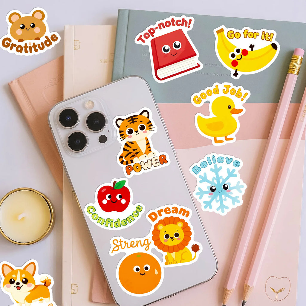 50PCS Cute Animal Encouragement Doodle Stickers, Notebook Stationery Phone Scooter Inspirational Phrase Decorative Art Sticker
