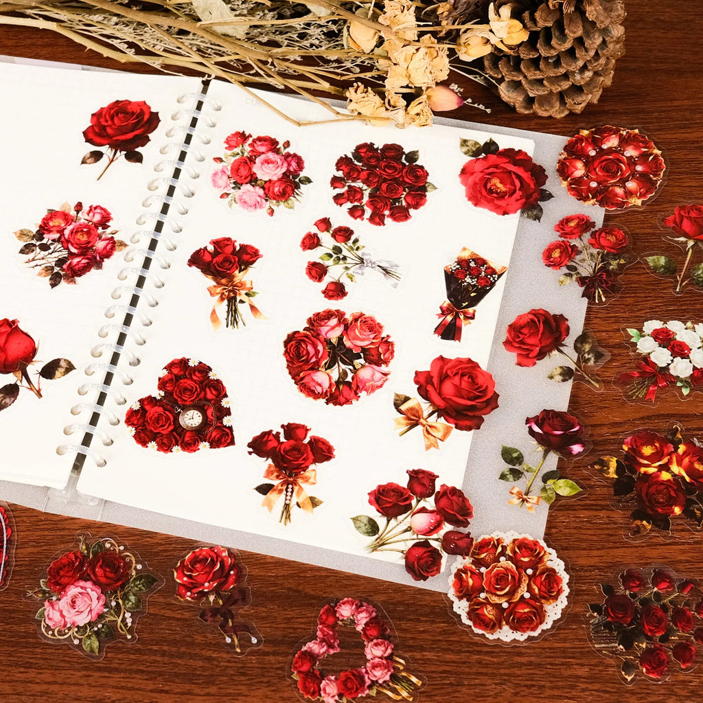 56Pcs Pack Red Rose Doodle Stickers Flower Aesthetic Decals for Stationery Notebook Fridge Guitar Gift Box Luggage Decor