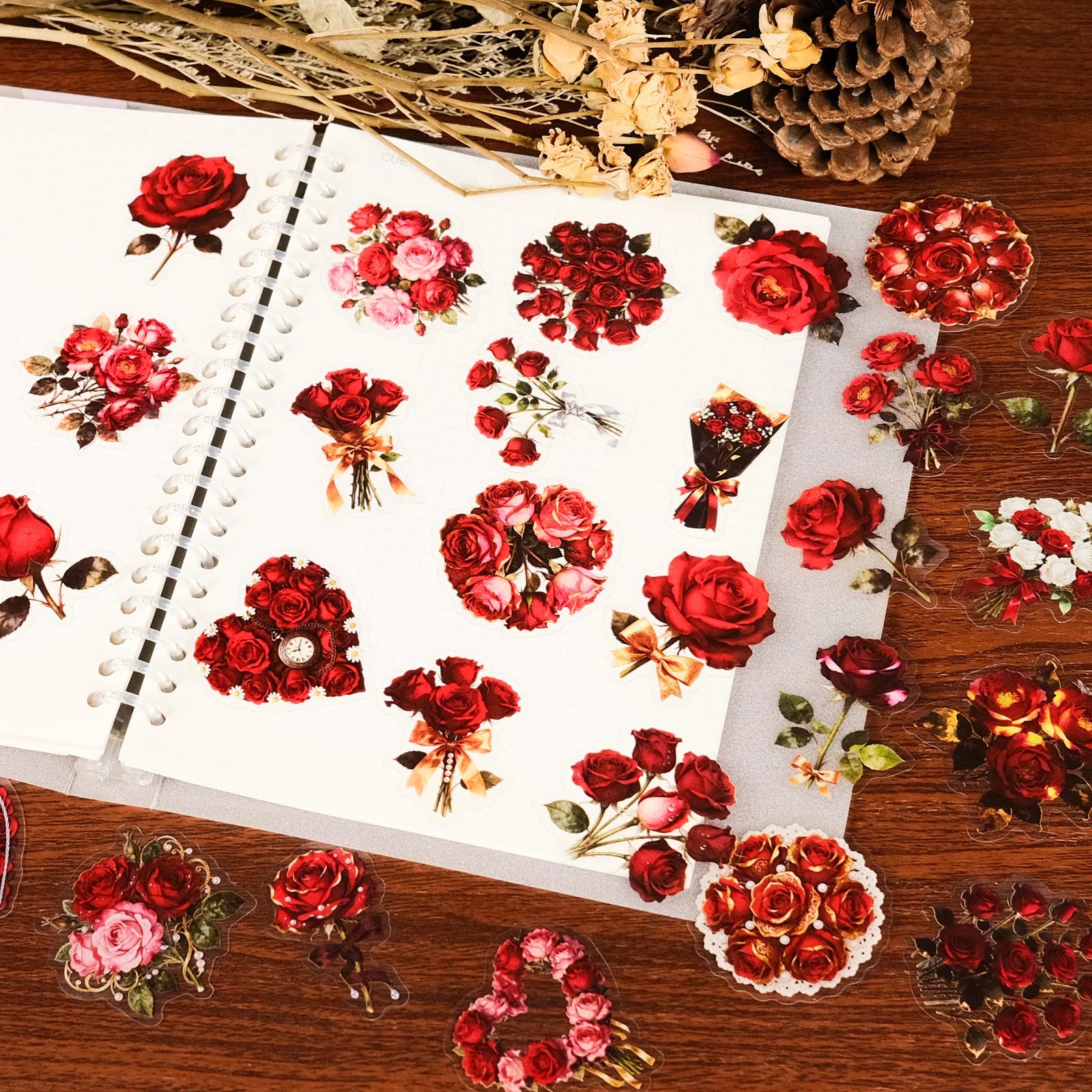 56Pcs Pack Red Rose Doodle Stickers Flower Aesthetic Decals for Stationery Notebook Fridge Guitar Gift Box Luggage Decor