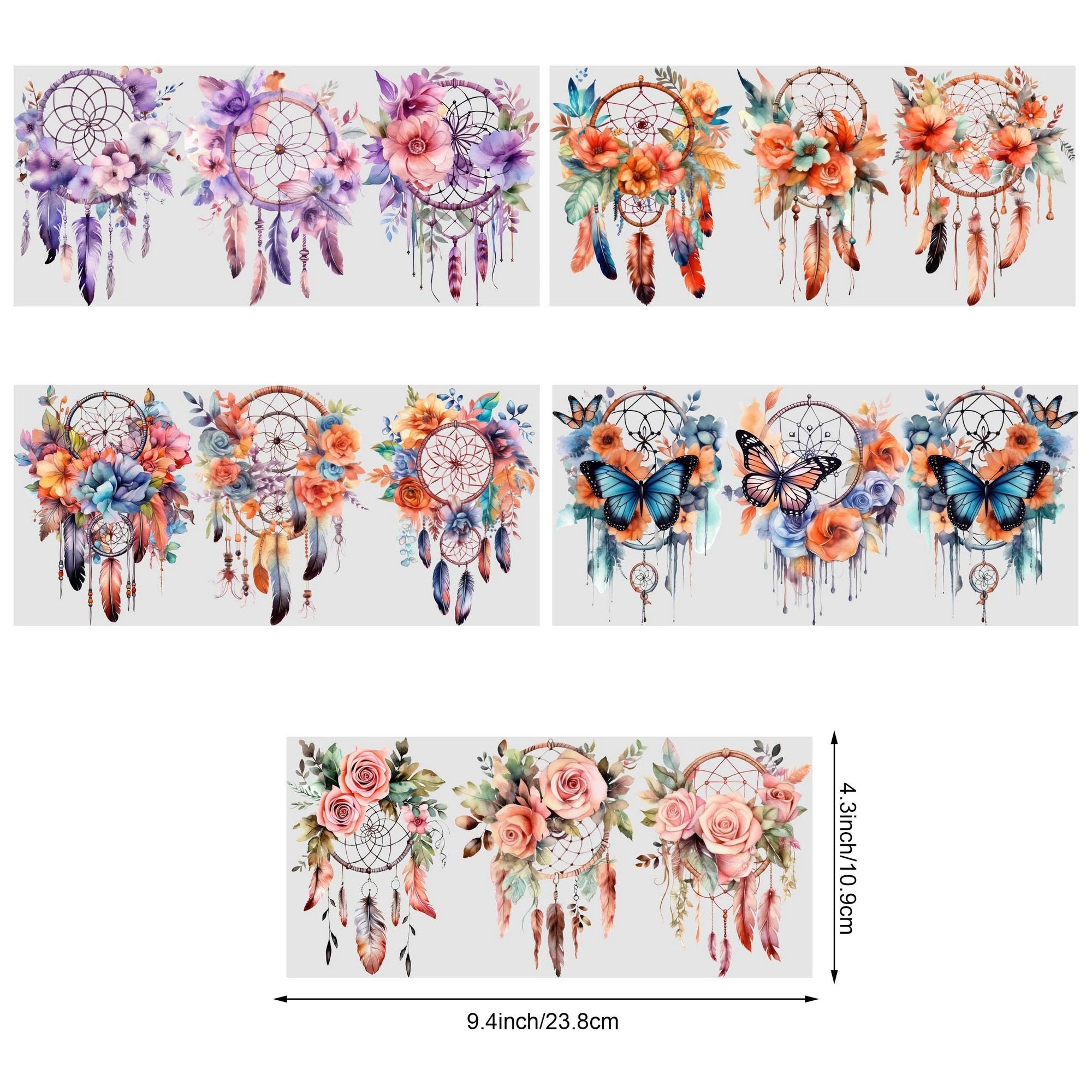 5 sheets Dreamcatcher UV DTF Cup Stickers, DTF Transfer Stickers, Waterproof Wipe-Off Transfer Paper for 16oz Glass, Mug, Crafts